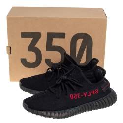 Pre Owned Yeezy x Adidas Black/Red Knit Fabric Boost 350 V2 Low Top Sneakers Size 43 1/3