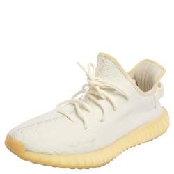 Pre Owned Yeezy x Adidas Boost 350 V2 Cream/Triple White Knit Fabric Lace Up Sneaker Size 44.5