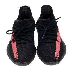 Pre Owned Yeezy x Adidas Black/Red Knit Fabric Boost 350 V2 Core Black Red Sneakers Size 41 1/3
