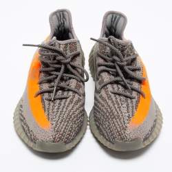 Pre Owned Yeezy Grey/Orange  Knit Fabric Boost 350 Beluga Sneakers Size 45 1/3