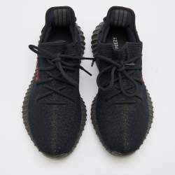 Pre Owned Yeezy x Adidas Black/Red Knit Fabric Boost 350 V2 Bred Sneakers Size 42