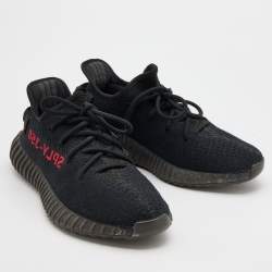 Pre Owned Yeezy x Adidas Black/Red Knit Fabric Boost 350 V2 Bred Sneakers Size 42