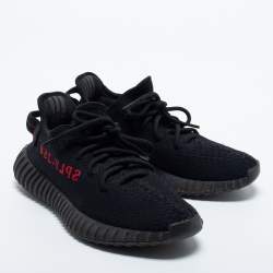 Pre Owned Yeezy x Adidas Black/Red Knit Fabric Boost 350 V2 Bred Sneakers Size 38