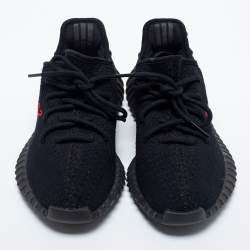Pre Owned Yeezy x Adidas Black/Red Knit Fabric Boost 350 V2 Bred Sneakers Size 38