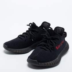 Pre Owned Yeezy x Adidas Black/Red Knit Fabric Boost 350 V2 Bred Sneakers Size 38