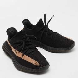 Pre Owned Yeezy x Adidas Black Knit Fabric Boost 350 V2 Copper Sneakers Size 44