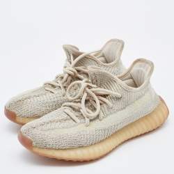 Pre Owned Yeezy x Adidas Beige/Grey Knit Fabric Boost 350 V2 Citrin Sneakers Size 38