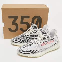 Pre Owned Yeezy x Adiddas White/Black Knit Fabric Boost 350 V2 Zebra Sneakers Size 42