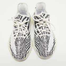 Pre Owned Yeezy x Adiddas White/Black Knit Fabric Boost 350 V2 Zebra Sneakers Size 42