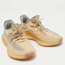 Pre Owned Yeezy x Adidas Beige/Blue Knit Fabric Boost 350 V2 Linen Sneakers Size 38 2/3