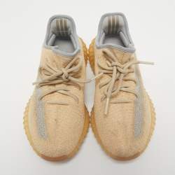Pre Owned Yeezy x Adidas Beige/Blue Knit Fabric Boost 350 V2 Linen Sneakers Size 38 2/3