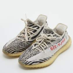 Pre Owned Yeezy x Adiddas White/Black Knit Fabric Boost 350 V2 Zebra Sneakers Size 42