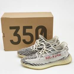 Pre Owned Yeezy x Adiddas White/Black Knit Fabric 350 V2 White Core sneakers Size 46 2/3