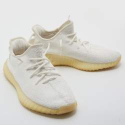 Pre Owned Yeezy x Adidas White Knit Fabric Boost 350 V2 Triple White Sneakers Size 43 1/3