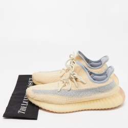 Pre Owned Yeezy x Adidas Light Yellow/Blue Knit Fabric Boost 350 V2 Linen Sneakers Size 44 2/3