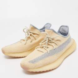 Pre Owned Yeezy x Adidas Light Yellow/Blue Knit Fabric Boost 350 V2 Linen Sneakers Size 44 2/3