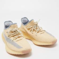 Pre Owned Yeezy x Adidas Light Yellow/Blue Knit Fabric Boost 350 V2 Linen Sneakers Size 44 2/3