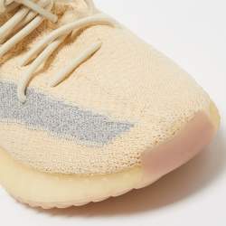Pre Owned Yeezy x Adidas Light Yellow/Blue Knit Fabric Boost 350 V2 Linen Sneakers Size 44 2/3