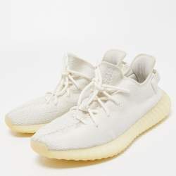 Pre Owned Yeezy x Adidas White Knit Fabric Boost 350 V2 Triple White Sneakers Size 44 2/3 