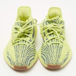 Pre Owned Yeezy x Adidas Neon Yellow Knit Fabric Boost 350 V2 Semi Frozen Yellow Sneakers Size 38
