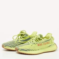 Pre Owned Yeezy x Adidas Neon Yellow Knit Fabric Boost 350 V2 Semi Frozen Yellow Sneakers Size 38