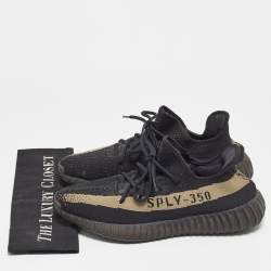 Pre Owned Adidas Yeezy Boost Black Knit Fabric 350 V2 Core Black Green Sneakers Size 44