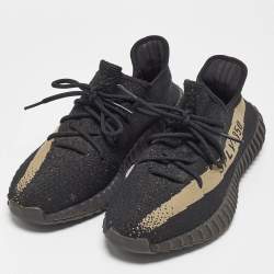 Pre Owned Adidas Yeezy Boost Black Knit Fabric 350 V2 Core Black Green Sneakers Size 44