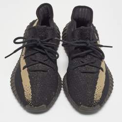 Pre Owned Adidas Yeezy Boost Black Knit Fabric 350 V2 Core Black Green Sneakers Size 44