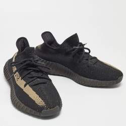 Pre Owned Adidas Yeezy Boost Black Knit Fabric 350 V2 Core Black Green Sneakers Size 44