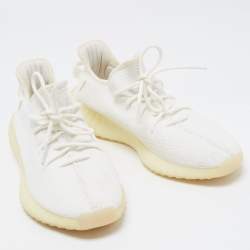 Pre Owned Yeezy x adidas White Knit Fabric Boost 350 V2 Sneakers Size 46 2/3