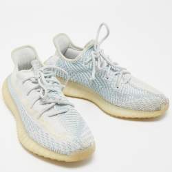 Pre Owned Yeezy x Adidas Blue/White Knit Fabric Boost 350 V2 Cloud- White Sneakers Size 42
