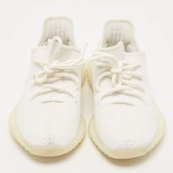 Pre Owned Yeezy x Adidas Off White Knit Fabric Boost 350 V2 Triple White Sneakers Size 38 2/3