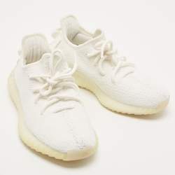 Pre Owned Yeezy x Adidas Off White Knit Fabric Boost 350 V2 Triple White Sneakers Size 38 2/3