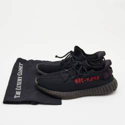 Pre Owned Yeezy x Adidas Black Knit Fabric Boost 350 V2 Bred Sneakers Size 43 1/3