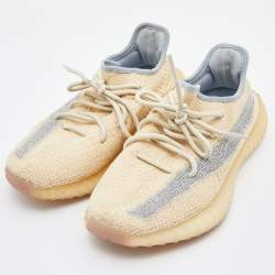 Pre Owned Yeezy x Adidas Beige/Grey Knit Fabric Boost 350 V2 Linen Sneakers Size 40