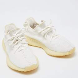 Pre Owned Yeezy x Adidas White Knit Fabric Boost 350 V2 Triple White Sneakers Size 38 2/3