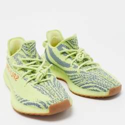 Pre Owned Yeezy x Adidas Neon Yellow/Blue Knit Fabric Boost 350 V2 Semi Frozen Yellow Sneakers Size 44