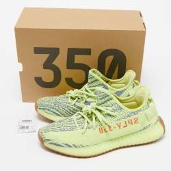 Pre Owned Yeezy x Adidas Neon Yellow/Blue Knit Fabric Boost 350 V2 Semi Frozen Yellow Sneakers Size 44