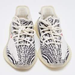 Pre Owned Adidas x Yeezy White/Black Knit Fabric Boost 350 V2 'Zebra' Sneakers Size 37 1/3
