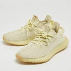 Pre Owned Yeezy x Adidas Light Yellow Knit Fabric Boost 350 V2 Butter Sneakers Size 39 1/3
