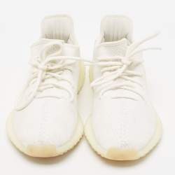 Pre Owned Yeezy x Adidas White Knit Fabric Boost 350 V2 Cream Sneakers Size 43 1/3