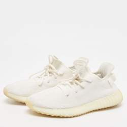 Pre Owned Yeezy x Adidas White Knit Fabric Boost 350 V2 Cream Sneakers Size 43 1/3