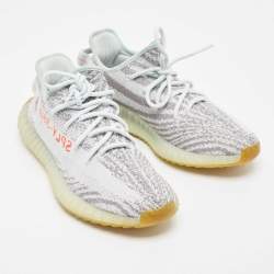 Pre Owned Yeezy x Adidas Grey/Blue Knit Fabric Boost 350 V2 Blue Tint Sneakers Size 42