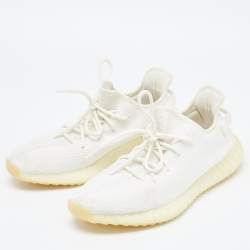 Pre Owned Yeezy x Adidas White Knit Fabric Boost 350 V2 Cream Sneakers Size 46 2/3