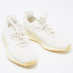 Pre Owned Yeezy x Adidas White Knit Fabric Boost 350 V2 Cream Sneakers Size 46 2/3
