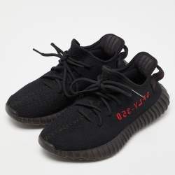 Pre Owned Yeezy x Adidas Black/Red Knit Fabric Boost 350 V2 Bred Sneakers Size 38