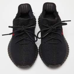 Pre Owned Yeezy x Adidas Black/Red Knit Fabric Boost 350 V2 Bred Sneakers Size 38
