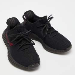 Pre Owned Yeezy x Adidas Black/Red Knit Fabric Boost 350 V2 Bred Sneakers Size 38