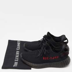 Pre Owned Yeezy x Adidas Black/Red Knit Fabric Boost 350 V2 Bred Sneakers Size 38