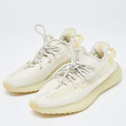 Pre Owned Yeezy x adidas Cream Cotton Knit Fabric Boost 350 V2 Triple White Sneakers Size 42